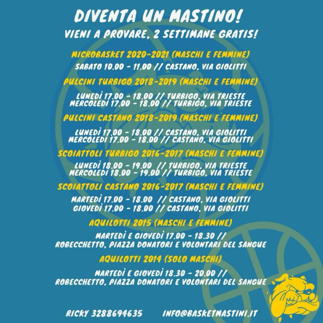 Vieni a provare con noi, diventa un #mastino 💪🏻

Ecco gli orari, ti aspettiamo 🏀