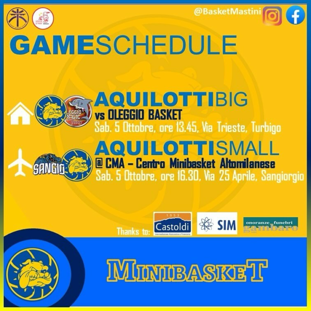 🔵🟡 GAME SCHEDULE 🟡🔵

Continuano le amichevoli dei nostri piccoli mastini in vista dell’inizio del campionato Minibasket.

Domani, sabato 5 ottobre:

🏠 A Turbigo, ore 13.45, MASTINI 2014 vs Oleggio Basketball

✈️ A Sangiorgio su Legnano, ore 16.30, Centro Minibasket Altomilanese vs MASTINI 2015

Buon divertimento bambini!

1-2-3 Mastini!
