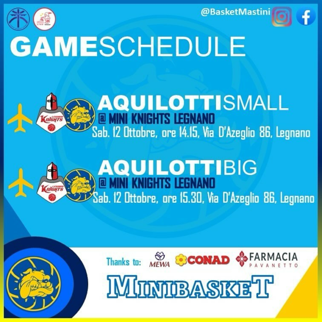 🟡🔵 GAME TIME 🔵🟡

Continua la pre-season del nostro #MINIBASKET. Domani doppio confronto in quel di Legnano contro gli amici di Legnano Mini Knights.

1-2-3 Mastini!!!