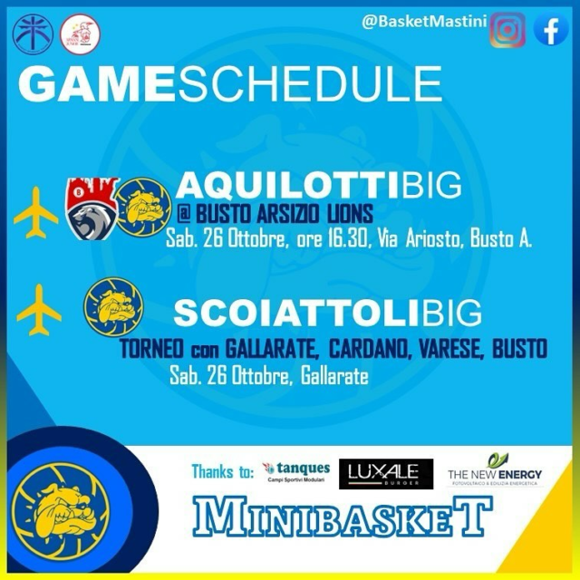 🔵🟡 week-end is c🏀ming 🟡🔵

Si avvicina il week-end del nostro MiniBasket. Altra amichevole per i più grandicelli in quel di Busto.

Entrano in scena i nostri Scoiattoli 2016 al torneo di Gallarate.

1-2-3 Mastini!