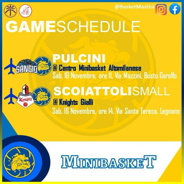 🟡🔵🏀 IT’S GAME TIME🏀🟡🔵

Tornano oggi in campo i nostri pulcini 🐣 per un’amichevole contro gli amici di CMA, in campo anche gli Scoiattoli 🐿️ 2017 per la prima di campionato.

Week end di riposo per le altre squadre del nostro minibasket. Sabato prossimo inizierà, infatti, il campionato dei nostri Scoiattoli 🐿️ 2016 e degli Aquilotti 🦅 2014.
Esordio degli Aquilotti 🦅2015 programmato per Sabato 30 Novembre.

1-2-3 Mastini!