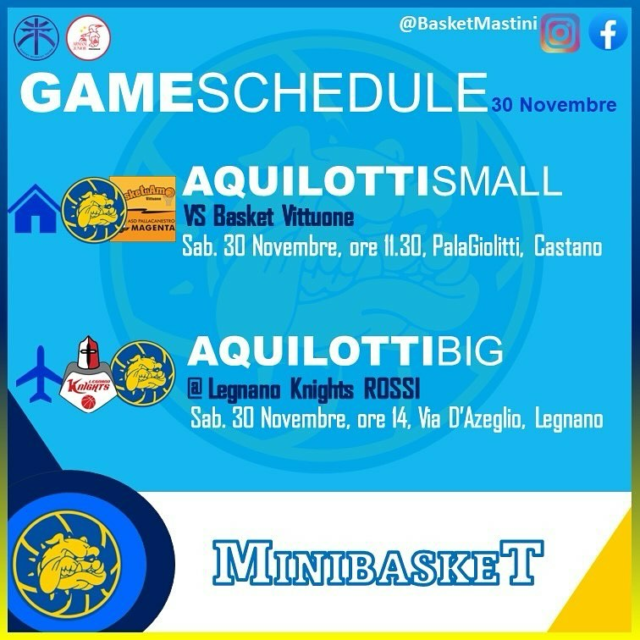 🔵🟡🏀 We love this game 🏀🟡🔵

Venerdì vuol dire che DOMANI SI GIOCA!

Aquilotti 2015 all’esordio in campionato tra le mura amiche contro Vittuone. La loro prima partita sul nuovo parquet del PalaGiolitti!

La Trasferta (con la T maiuscola) per i nostri Aquilotti 2014 che, dopo la convincente vittoria di sabato scorso, faranno domani visita ai MiniKnights Rossi alla ricerca della seconda vittoria “on the road”, non sarà facile ma ci proveremo!

E allora, tutti pronti…1-2-3 Mastini!